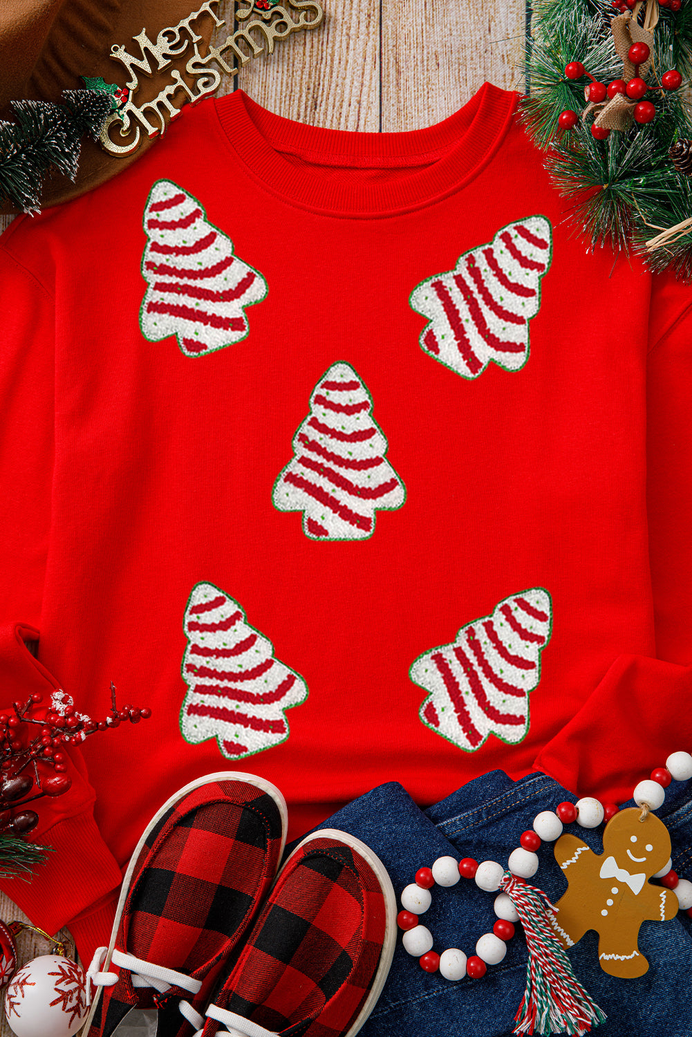 Red Playful Christmas Tree Patch Application Dropped Shoulder Sweatshirt