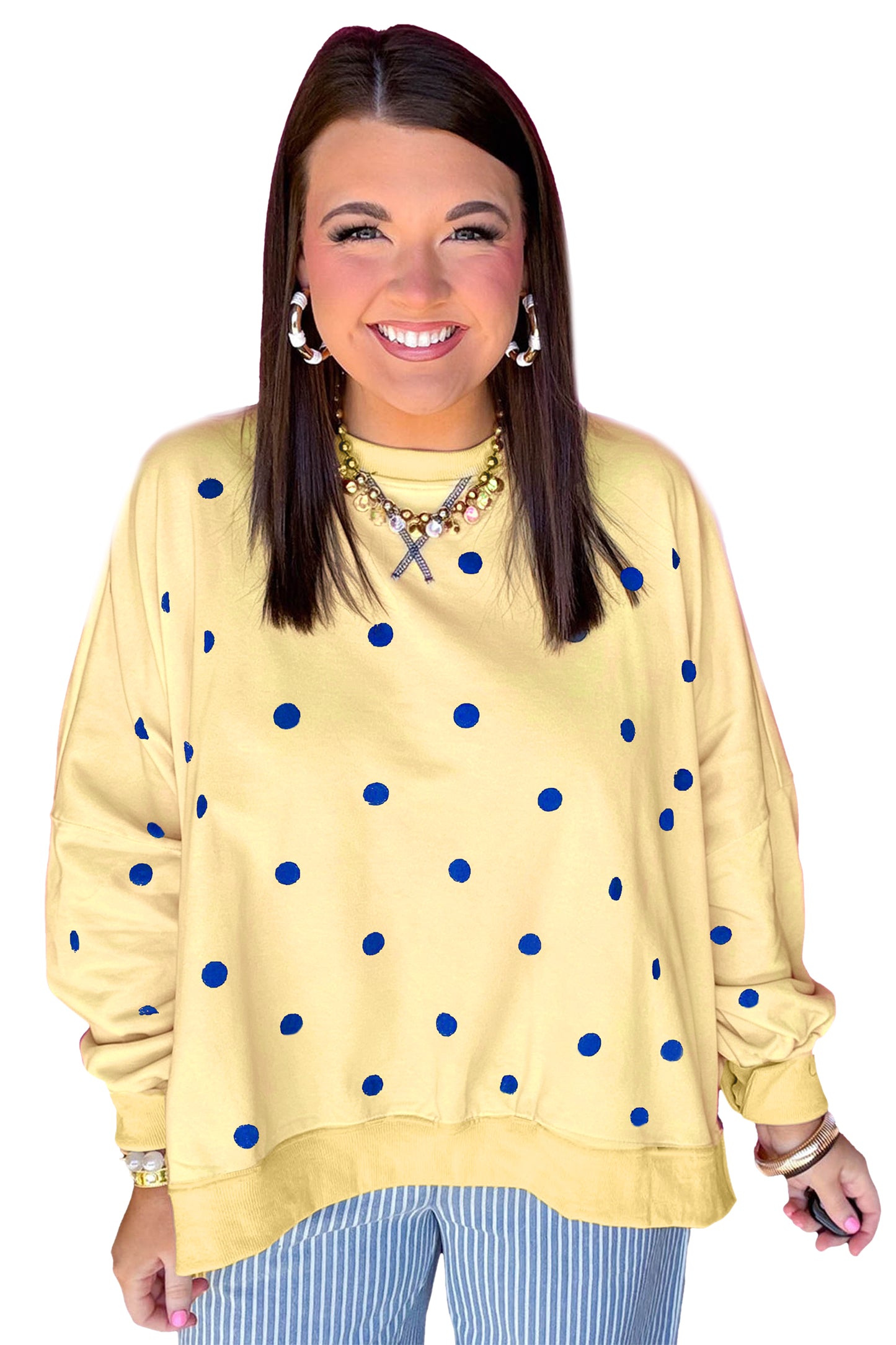 Yellow Round Neck Long Sleeve Polka Dot Plus Size Top