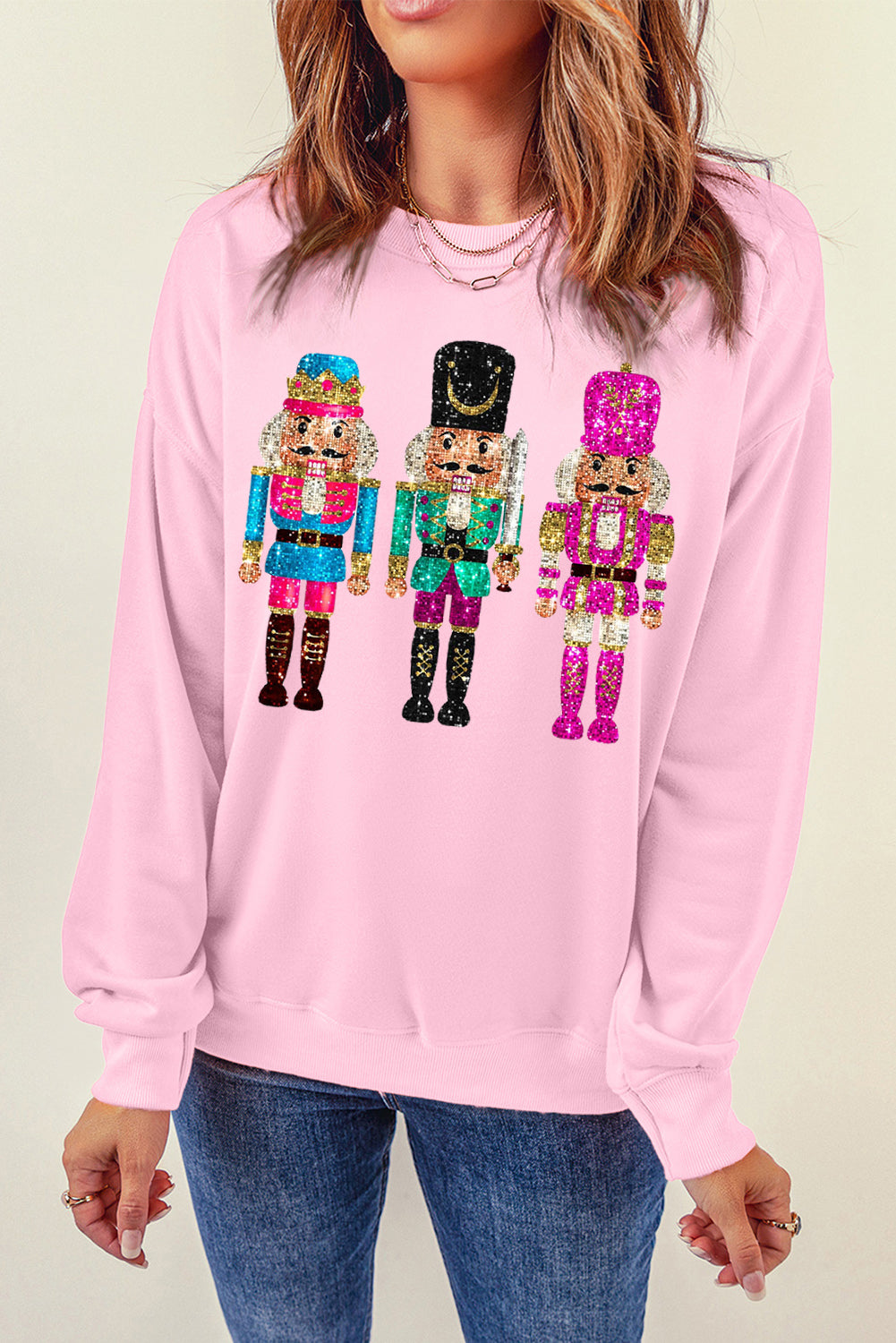 Pink Cute Nutcracker Heat Transfer Printing Graphic Drop Shoulder Christmas Sweatshirt