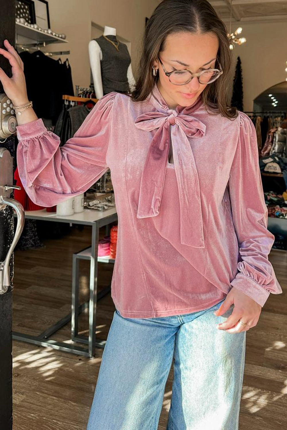 Fushia Velvet Long Sleeve Stand Neck Knot Blouse