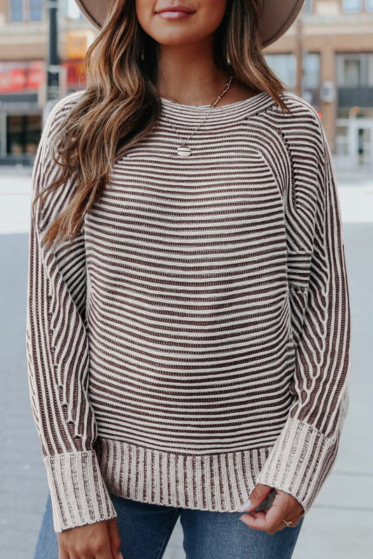 Coffee Striped Print Ribbed Knit Raglan Sleeve Baggy Sweater