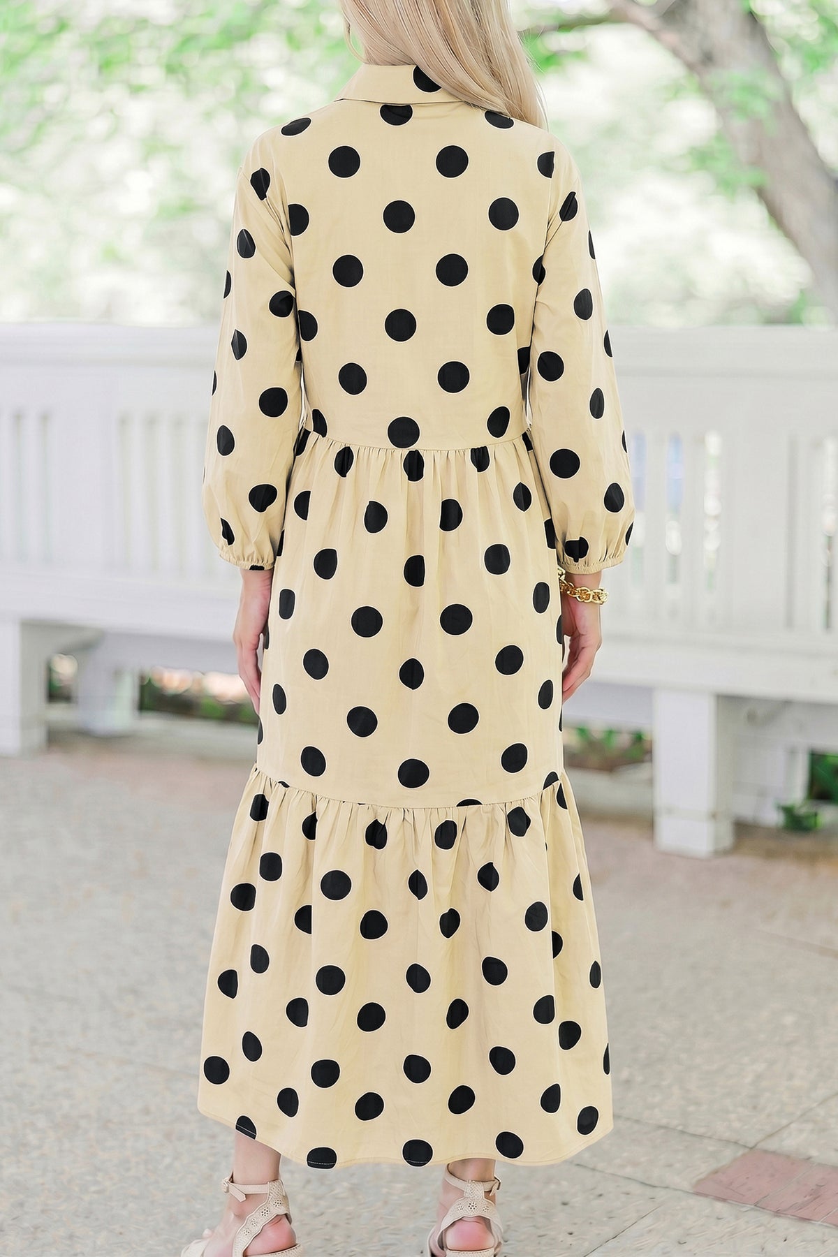 Brown Polka Dot Button Front Long Sleeve Shift Dress