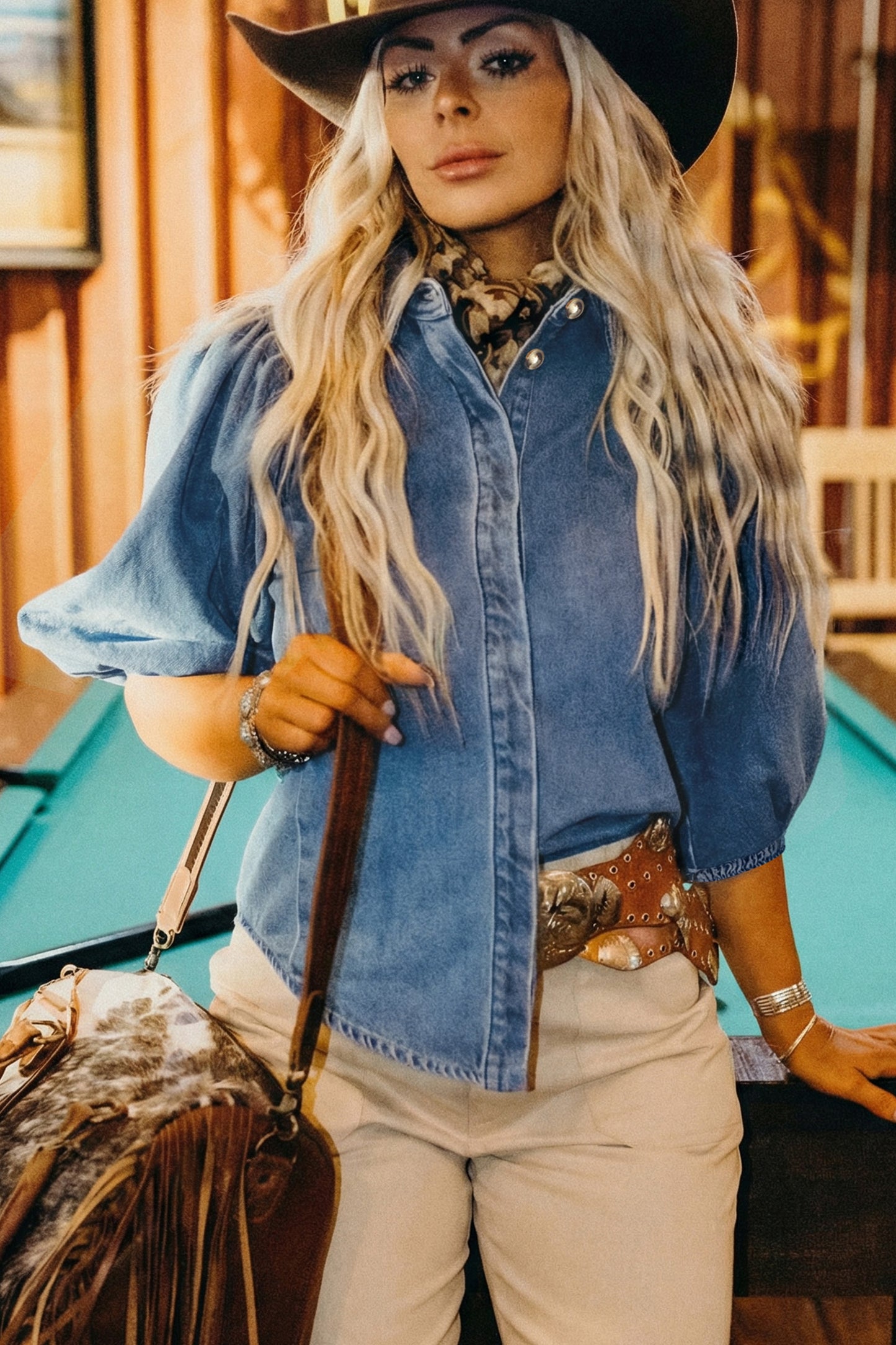 Blue Puff Half Sleeve Collared Denim Shirt