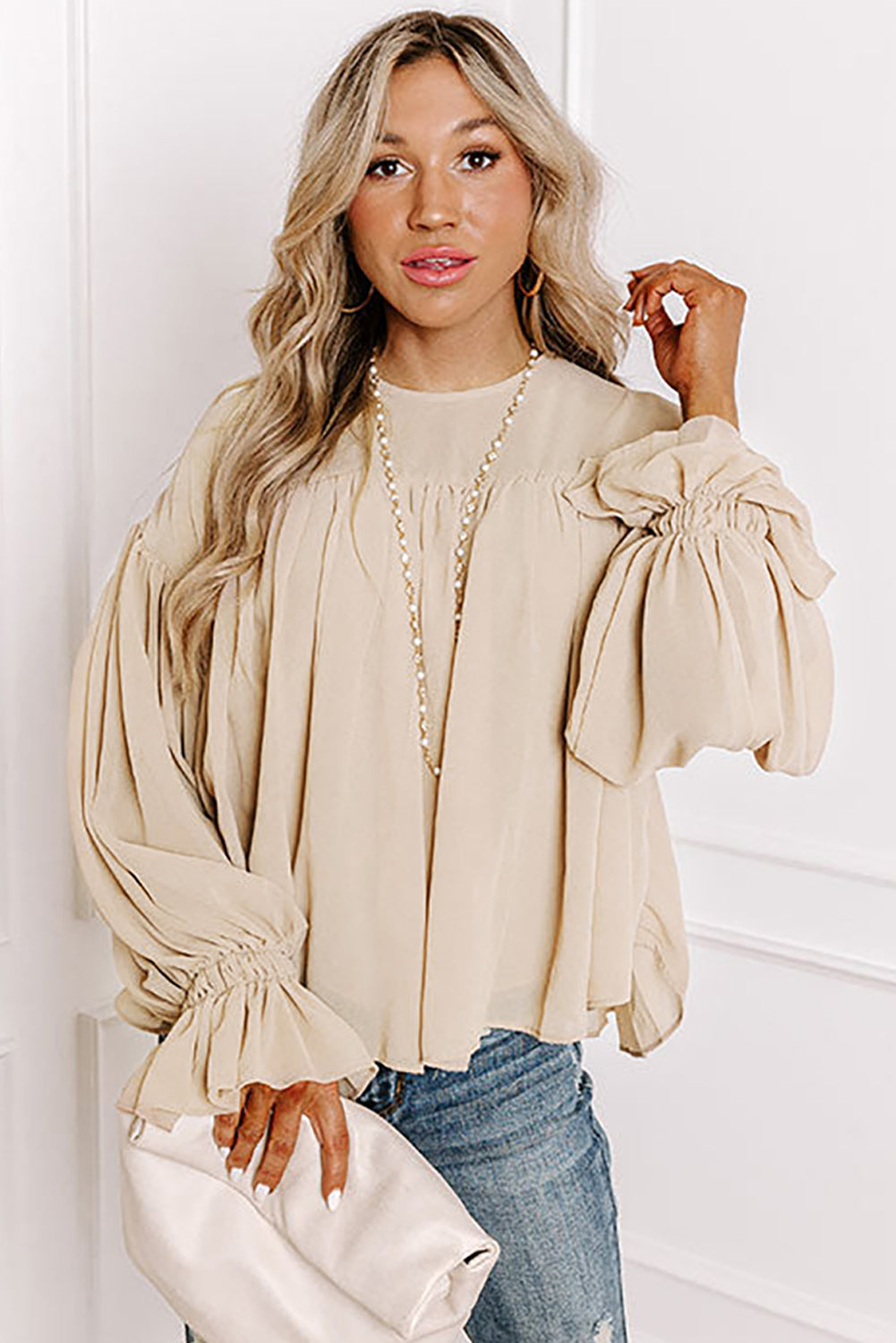 Parchment Pleated Ruffle Long Sleeve Chiffon Blouse