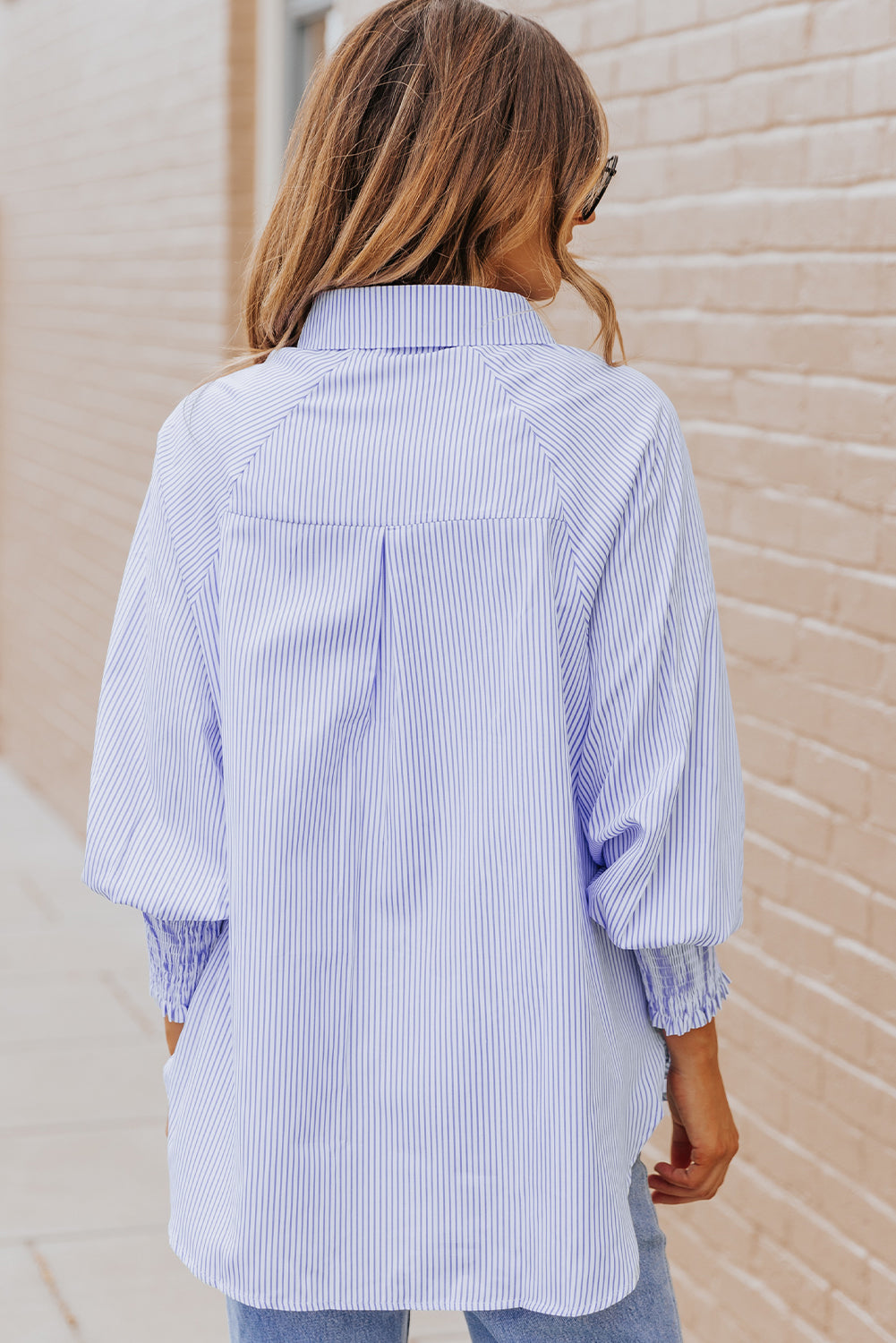 Blue Stripe Striped Casual Shirred Cuffs Shirt