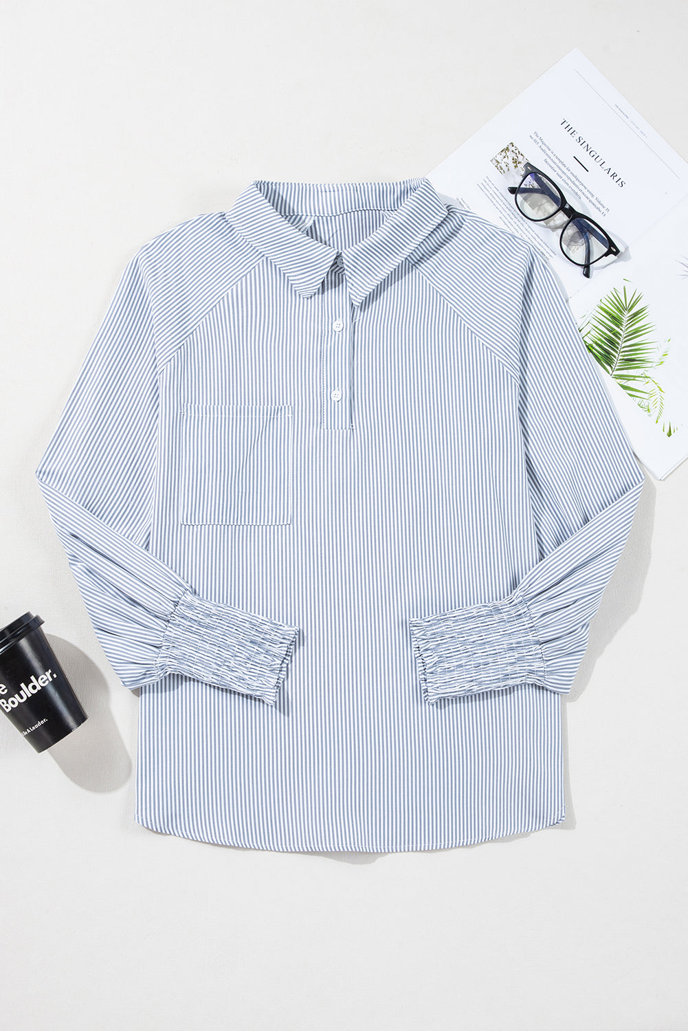 Sky Blue Stripe Pinstripe Long Sleeve Smocked Cuffs Button Shirt Collar Blouse