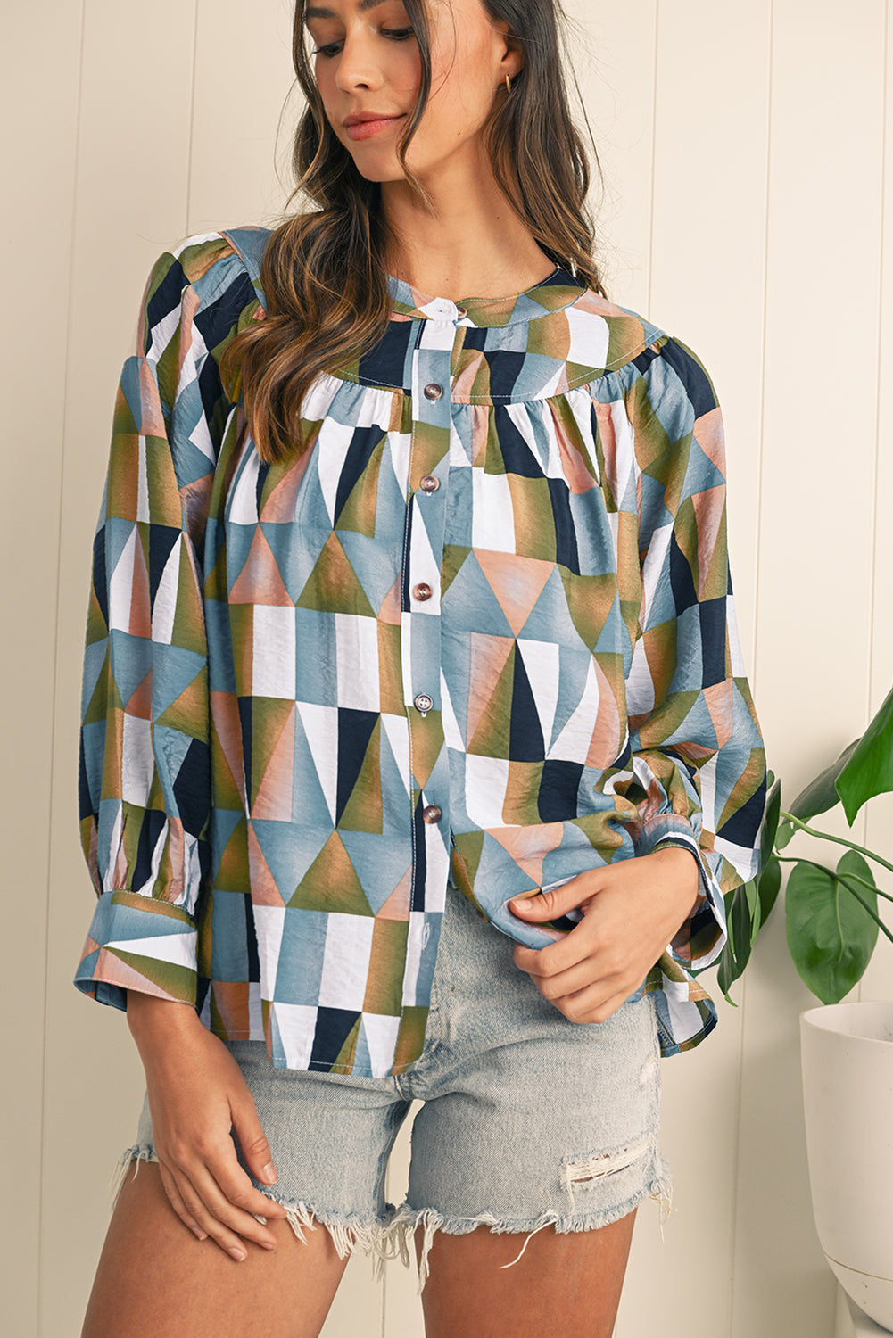 Green Geometric Print Button Balloon Sleeve Loose Fit Shirt