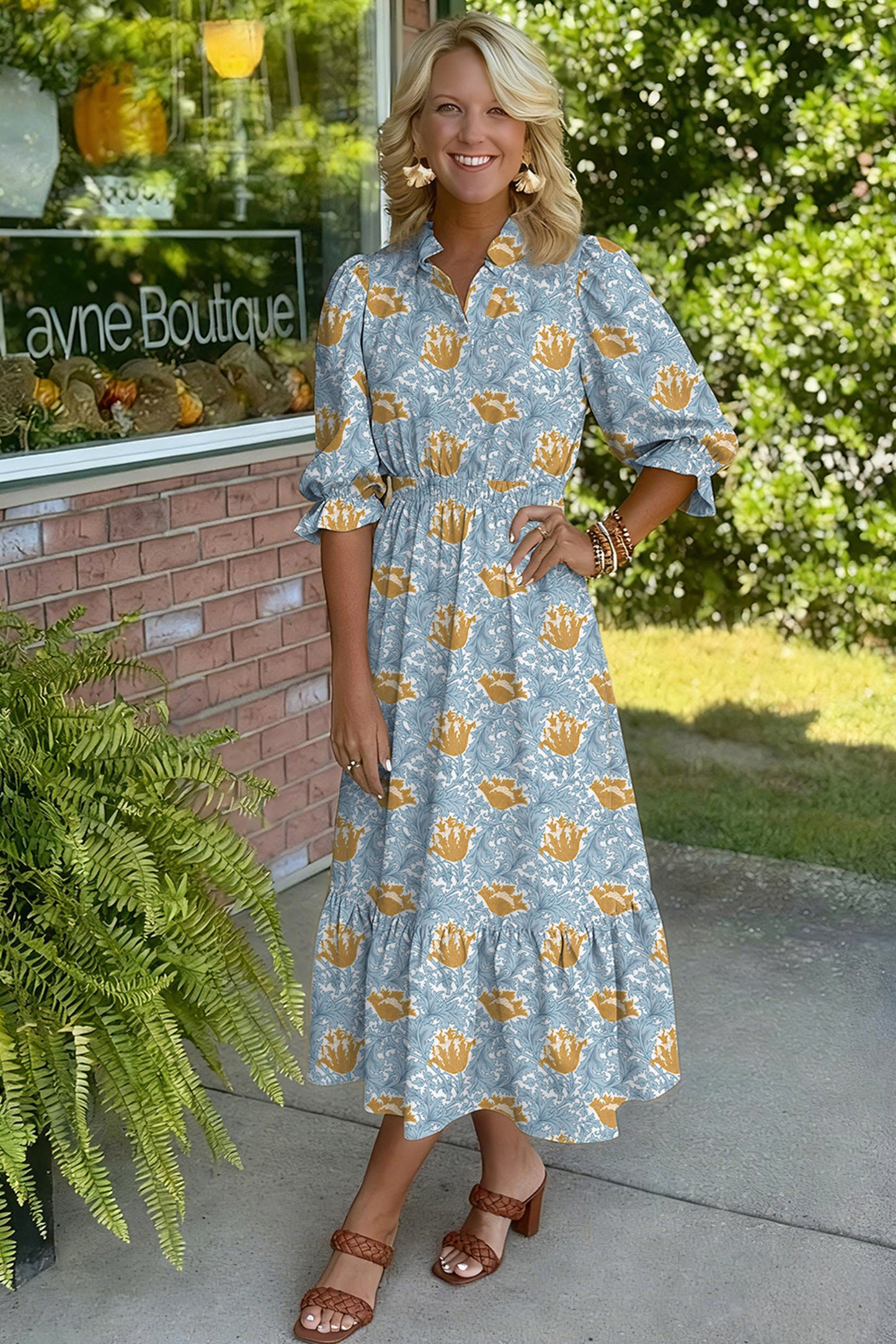 Brown Floral Printed Frilled V Neck Bracelet Sleeve Long Dress