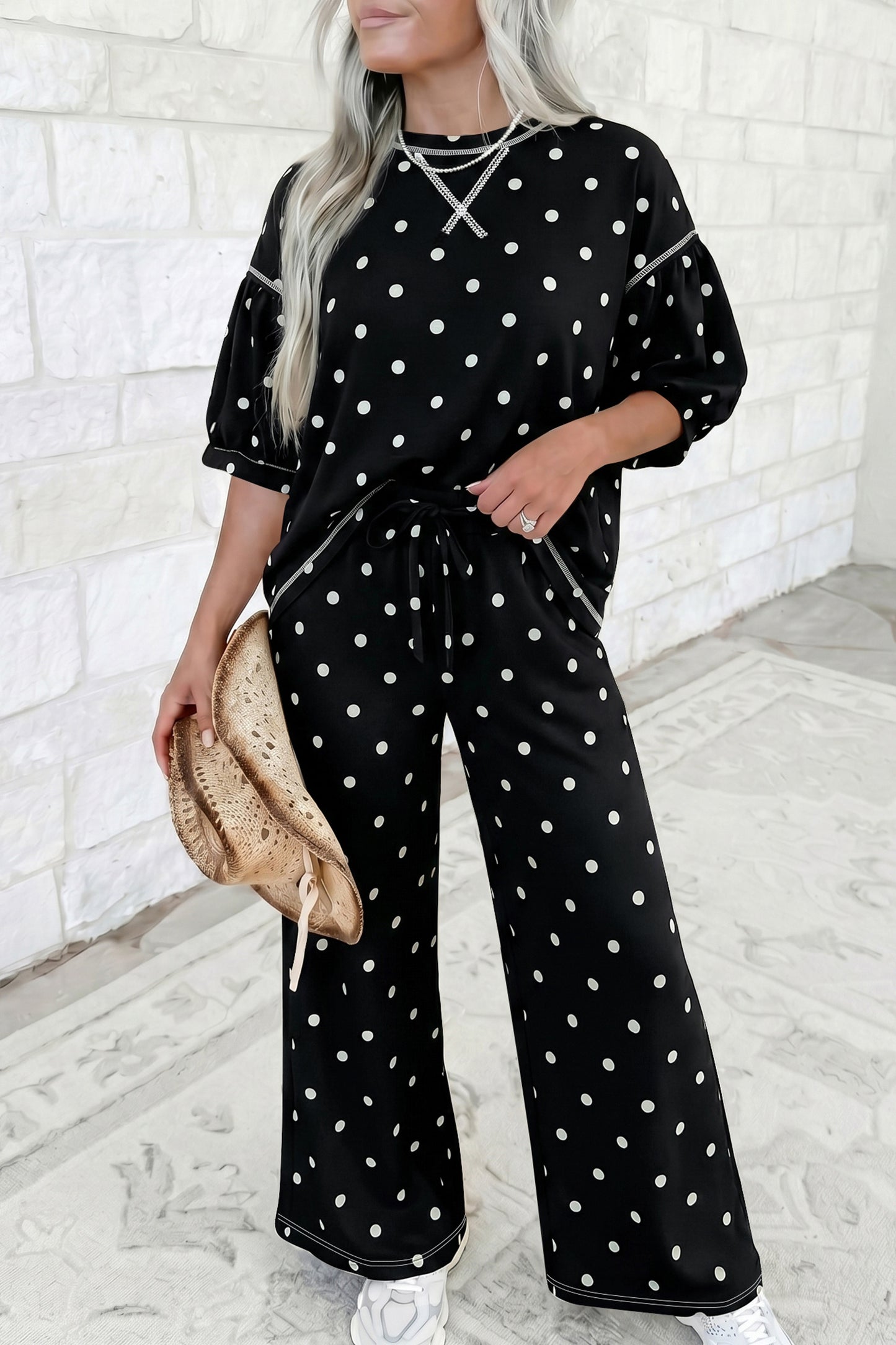 Beige Polka Dot Half Sleeve Loose Top Elastic Waist Casual Pants Set