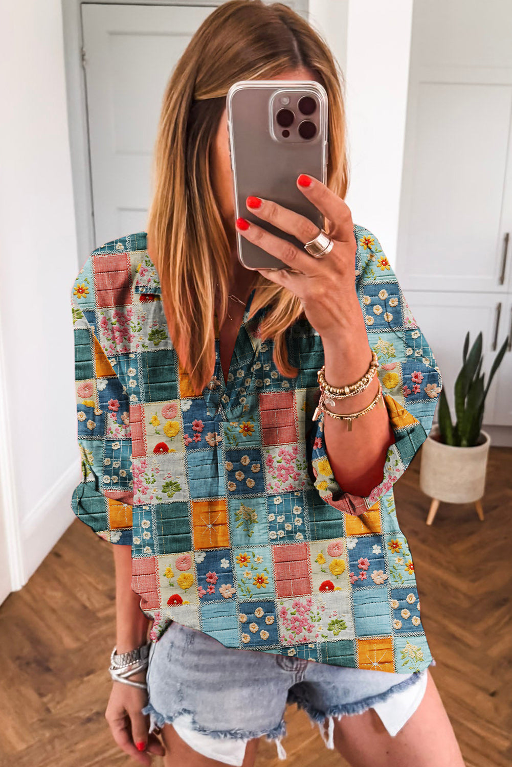 Sky Blue Floral Patchwork Collared V Neck Blouse