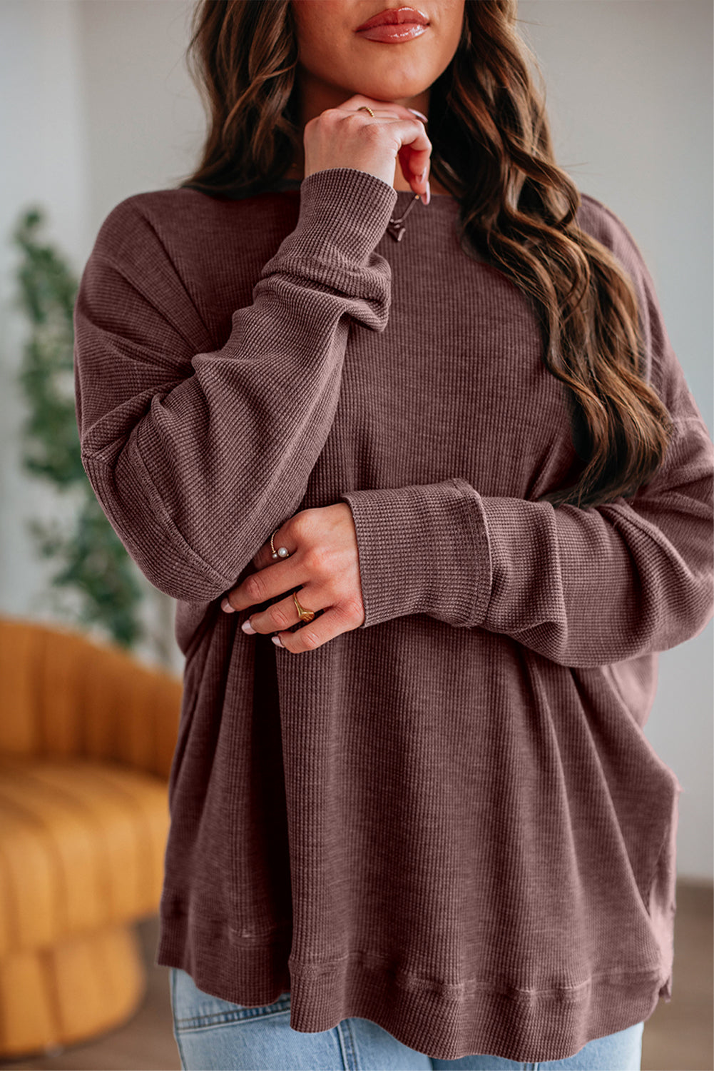 Dark Brown Ribbed Plain Long Sleeve Loose Top