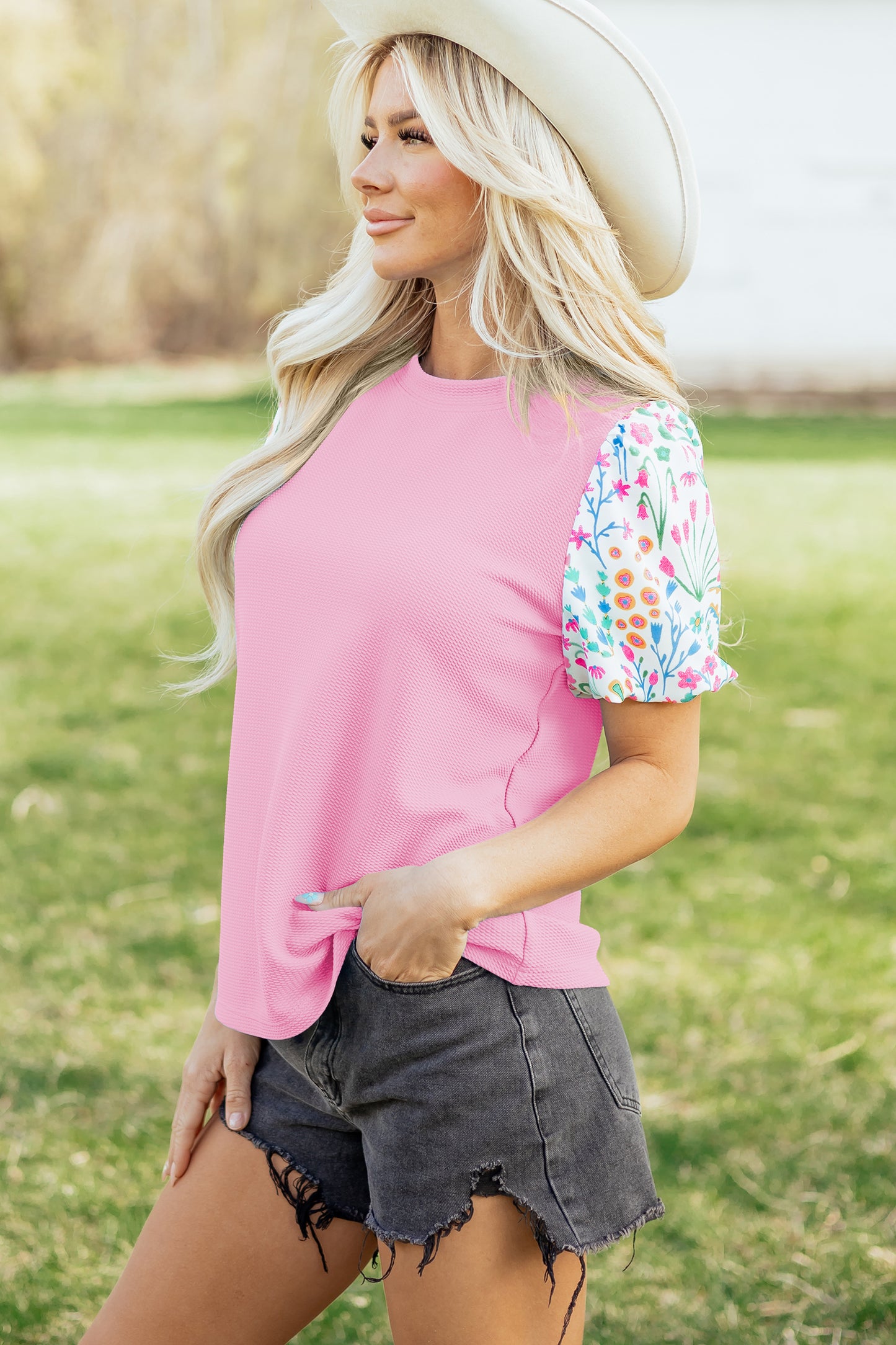 Light Blue Round Neck Textured Contrast Floral Bubble Sleeve Blouse