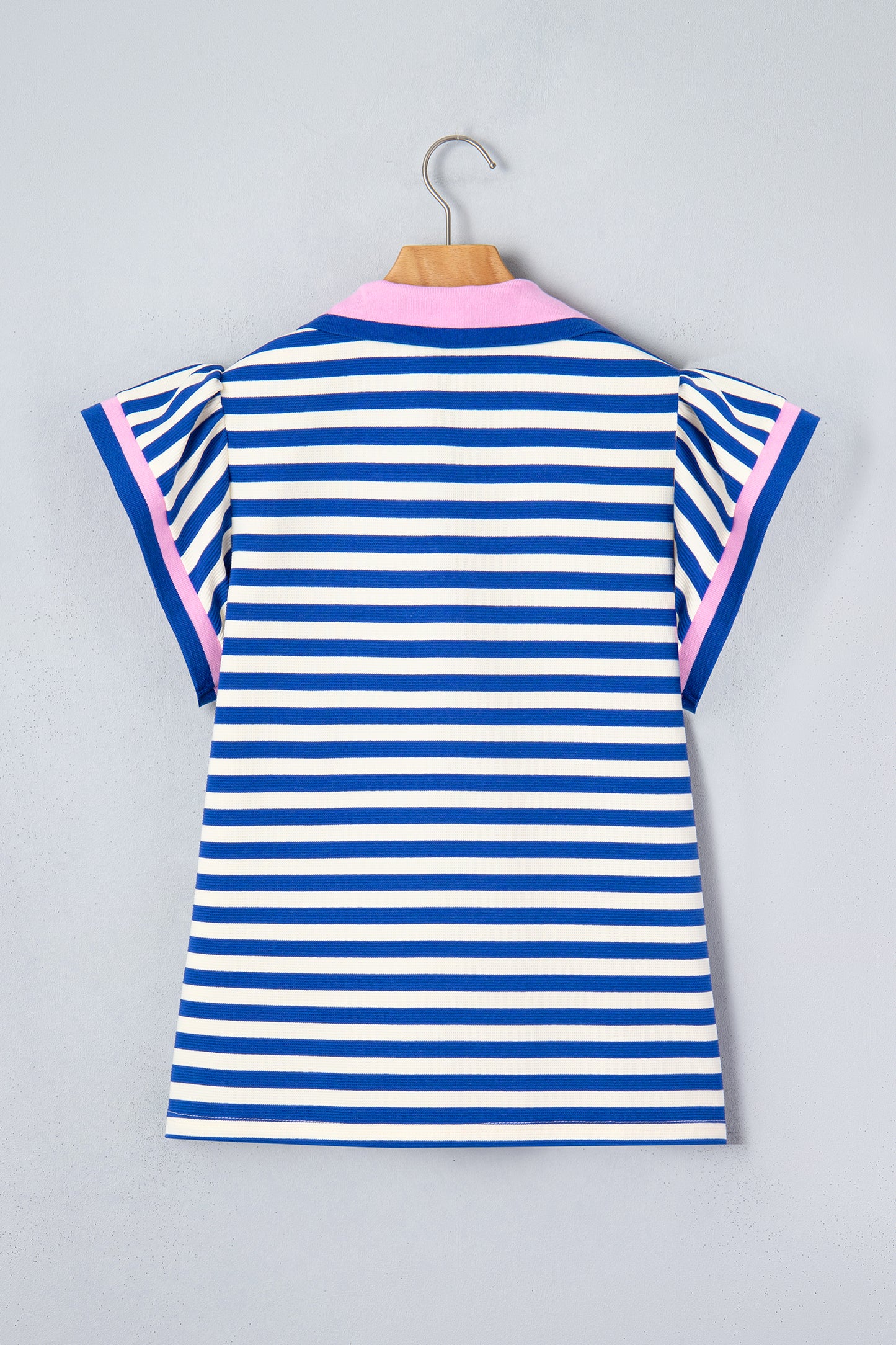 Green Stripe Contrast Trim Polo Collar Ruffled Short Sleeve Blouse