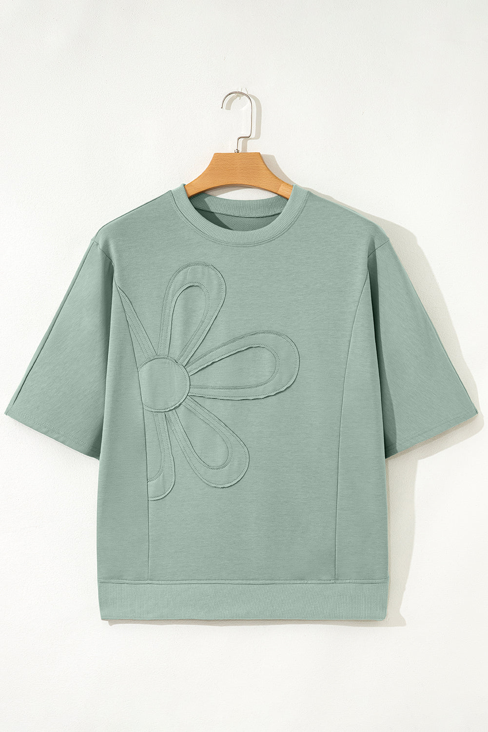 Clearly Aqua Solid Color Floral Patched Half Sleeve Tunic Top