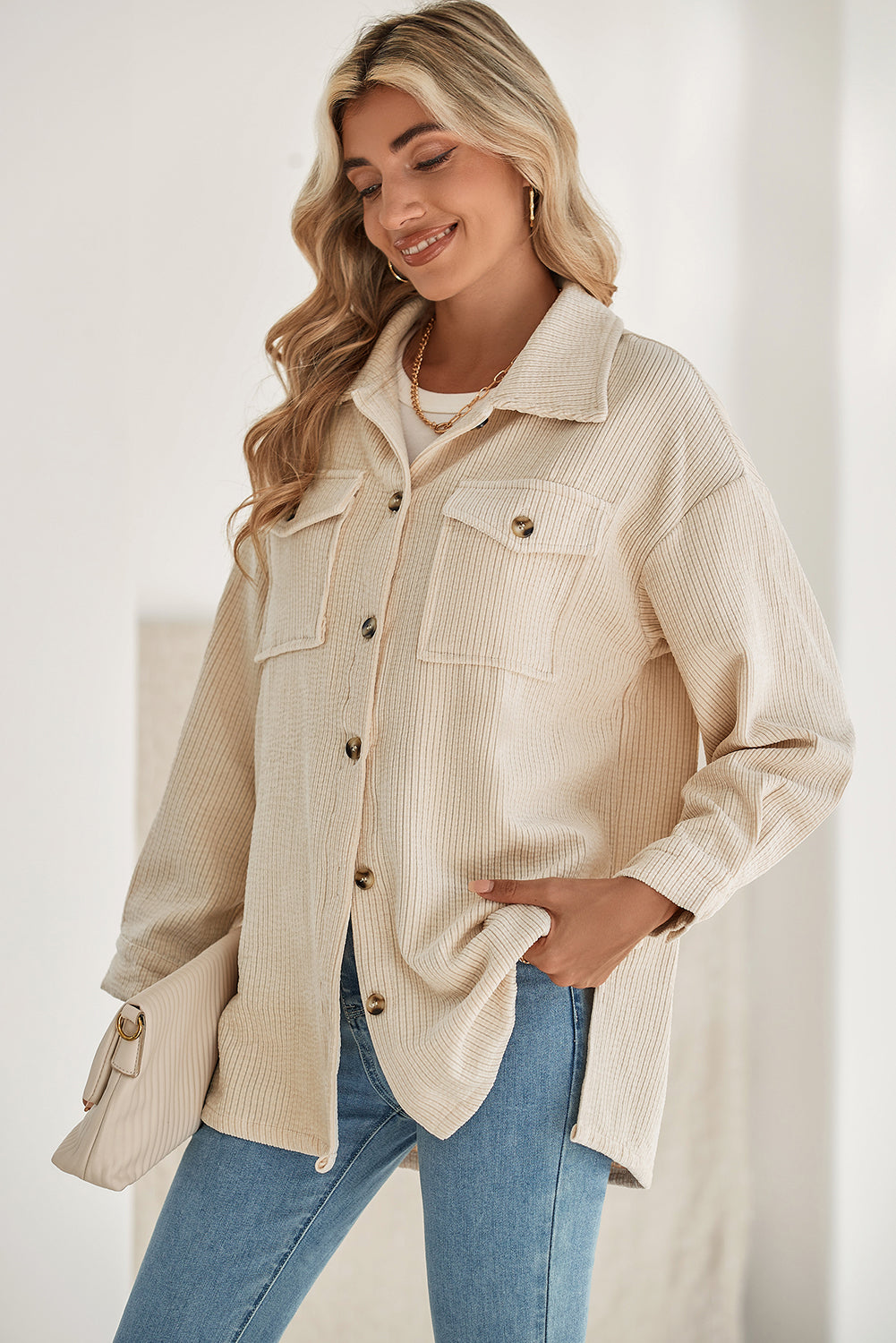 Oatmeal Corduroy Flap Pocket Button Up Shacket