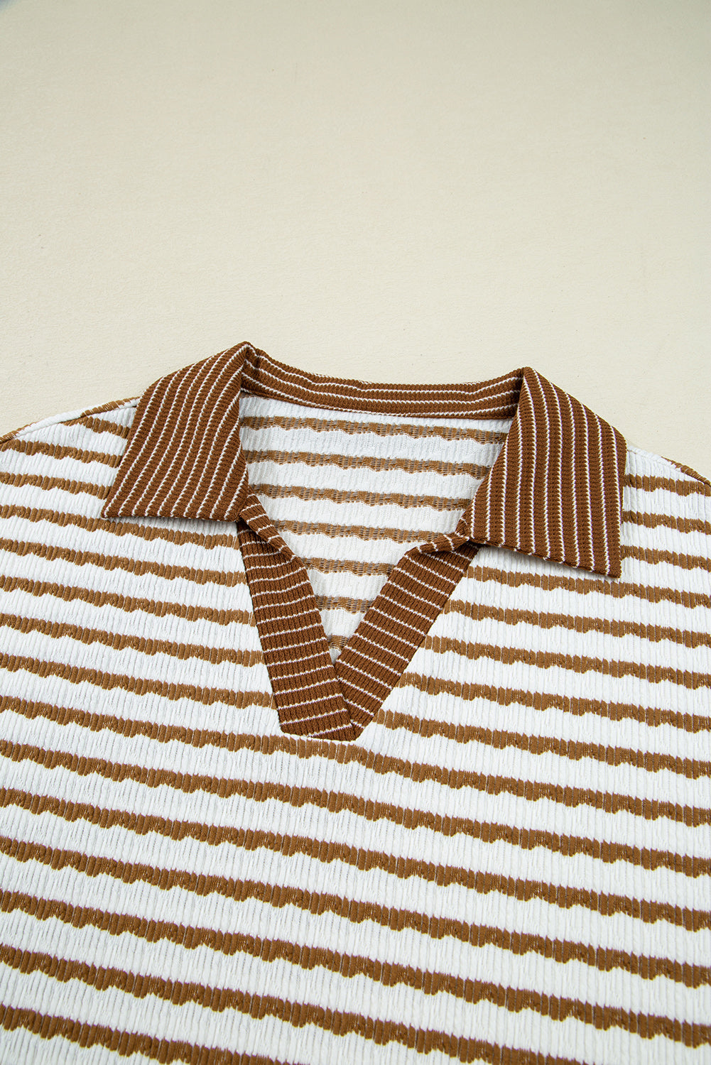 Khaki Stripe Textured Collared Pullover Top and Drawstring Pants Set