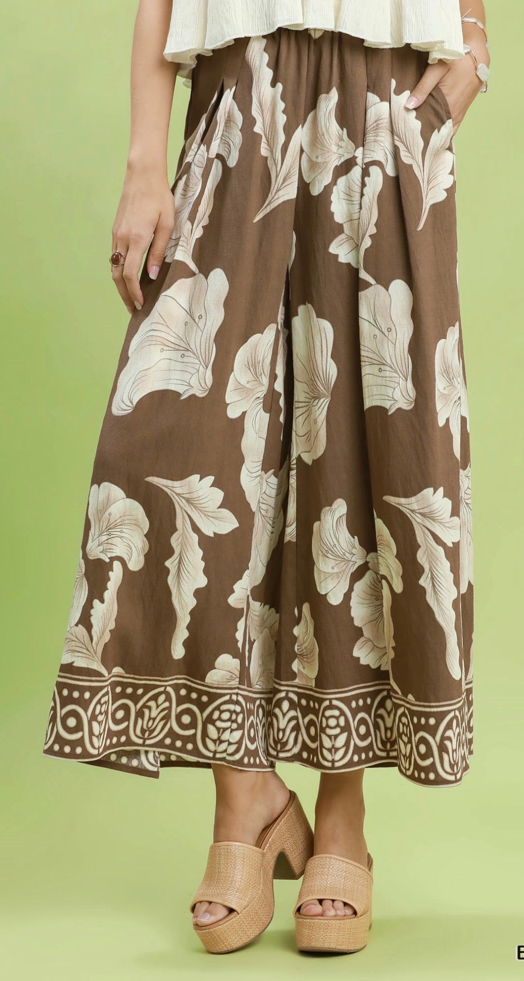 Umgee Brown Khaki Floral Wide Leg Pants