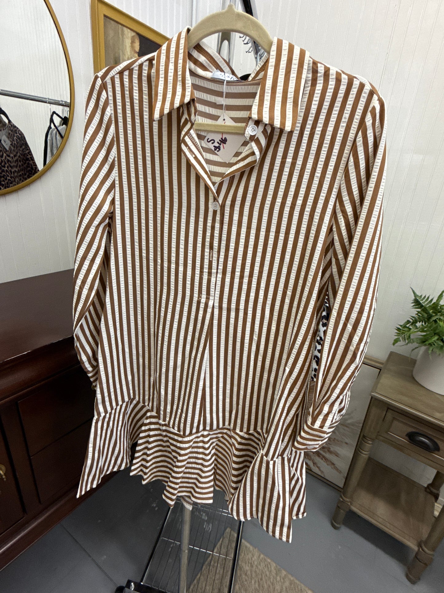 Brown Stripe Midi Dress Long Sleeve