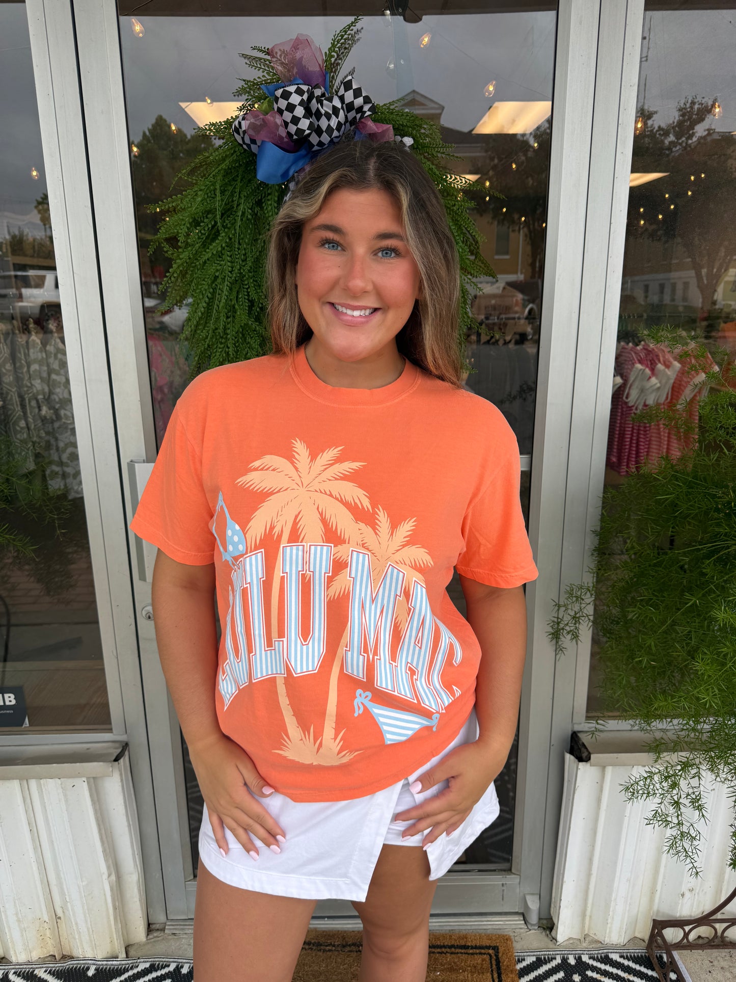Lulumac Orange Blue Stripe Palm T Shirt