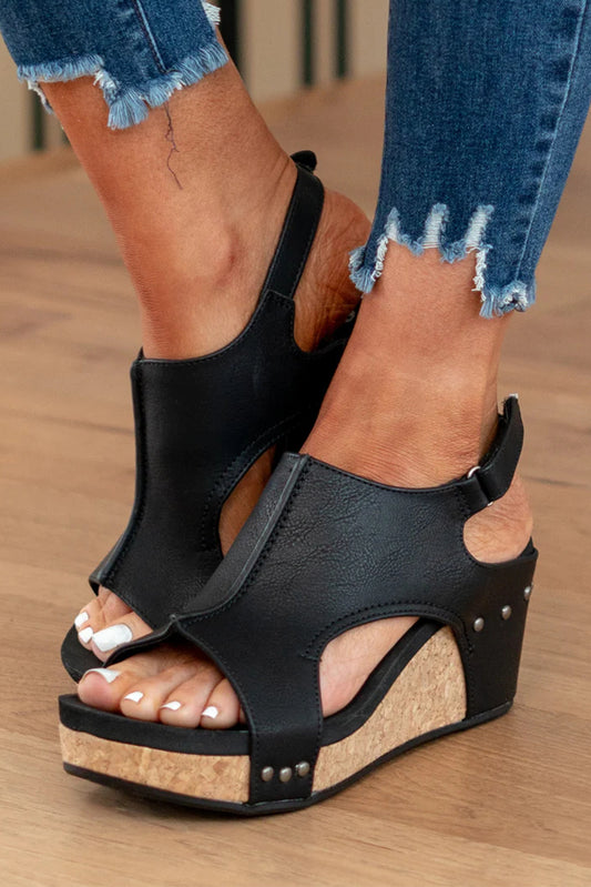 Black Vintage Leather Studded Wedges