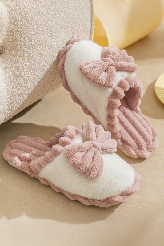 Fuscia Bow Colored Ribbed Plush Slippers