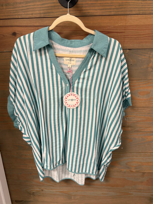 Umgee Collared V-Neck Stripe Top