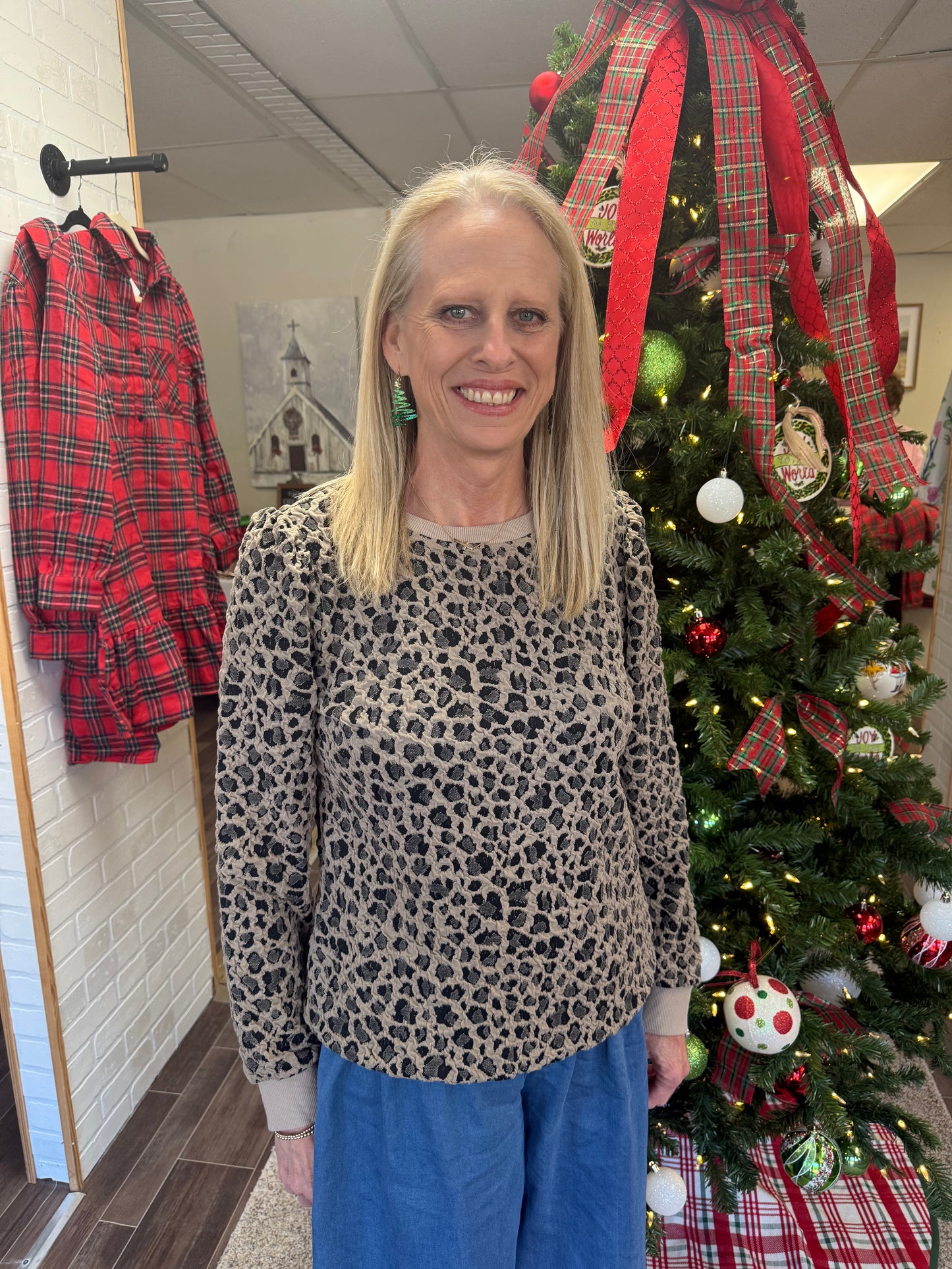 Khaki Ribbed Trim Leopard Print Long Sleeve Top