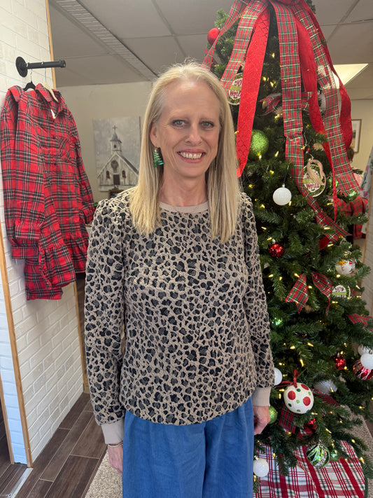 Khaki Ribbed Trim Leopard Print Long Sleeve Top