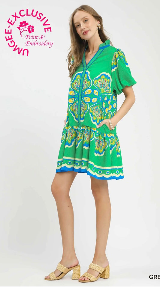 Umgee Green Abstract Mini Dress