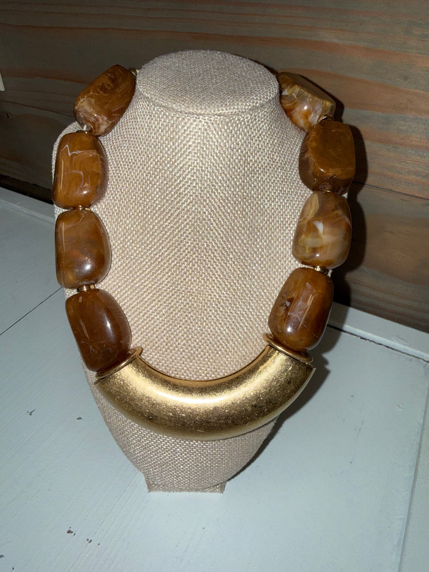 Amber Beads with Gold Crescent Bar