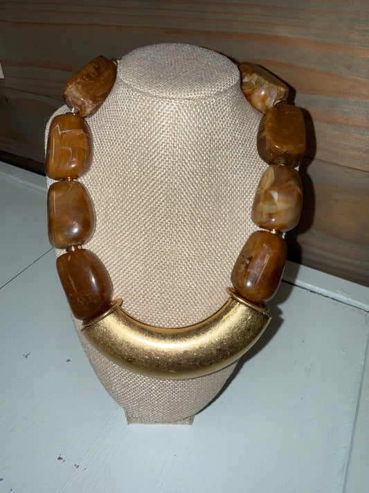 Amber Beads with Gold Crescent Bar