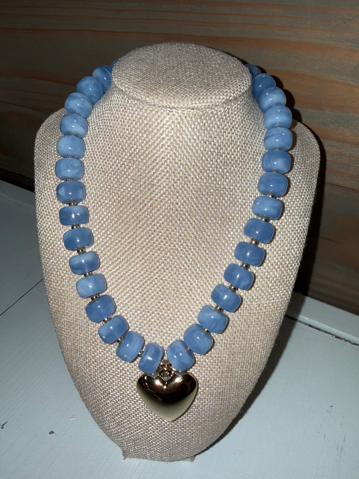 Baby Blue/Gold Heart Beaded Necklace