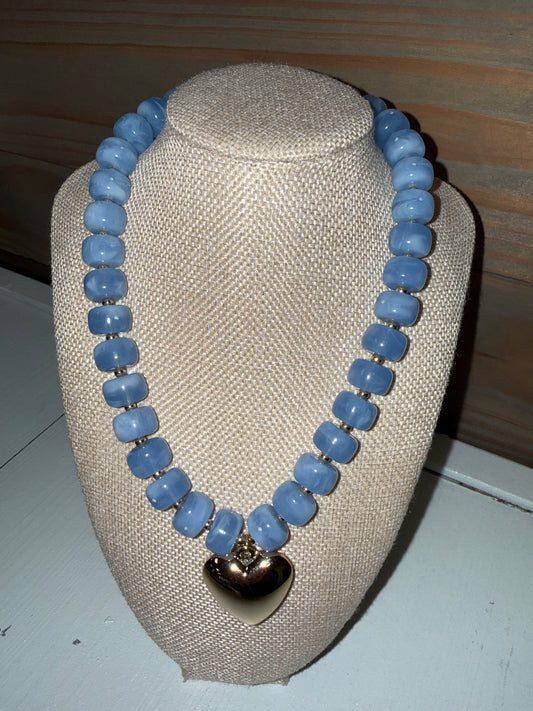 Baby Blue/Gold Heart Beaded Necklace