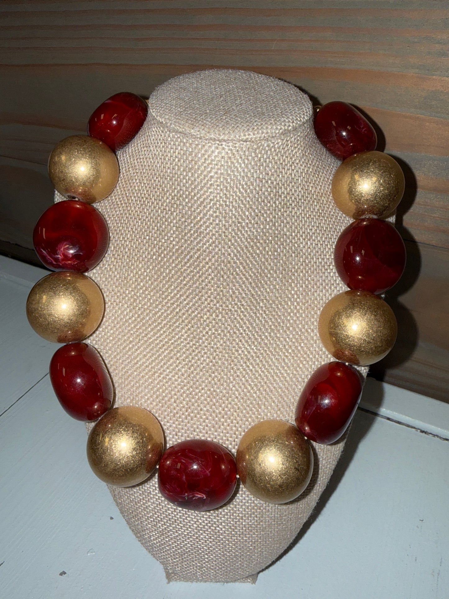Maroon/Gold Large Beaded Necklace