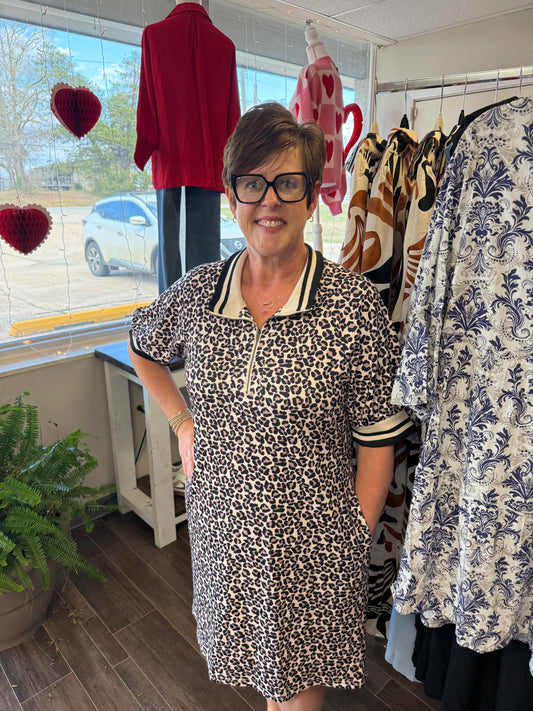 Khaki Leopard Print Zip Neck Striped Webbing Patchwork T Shirt Mini Dress