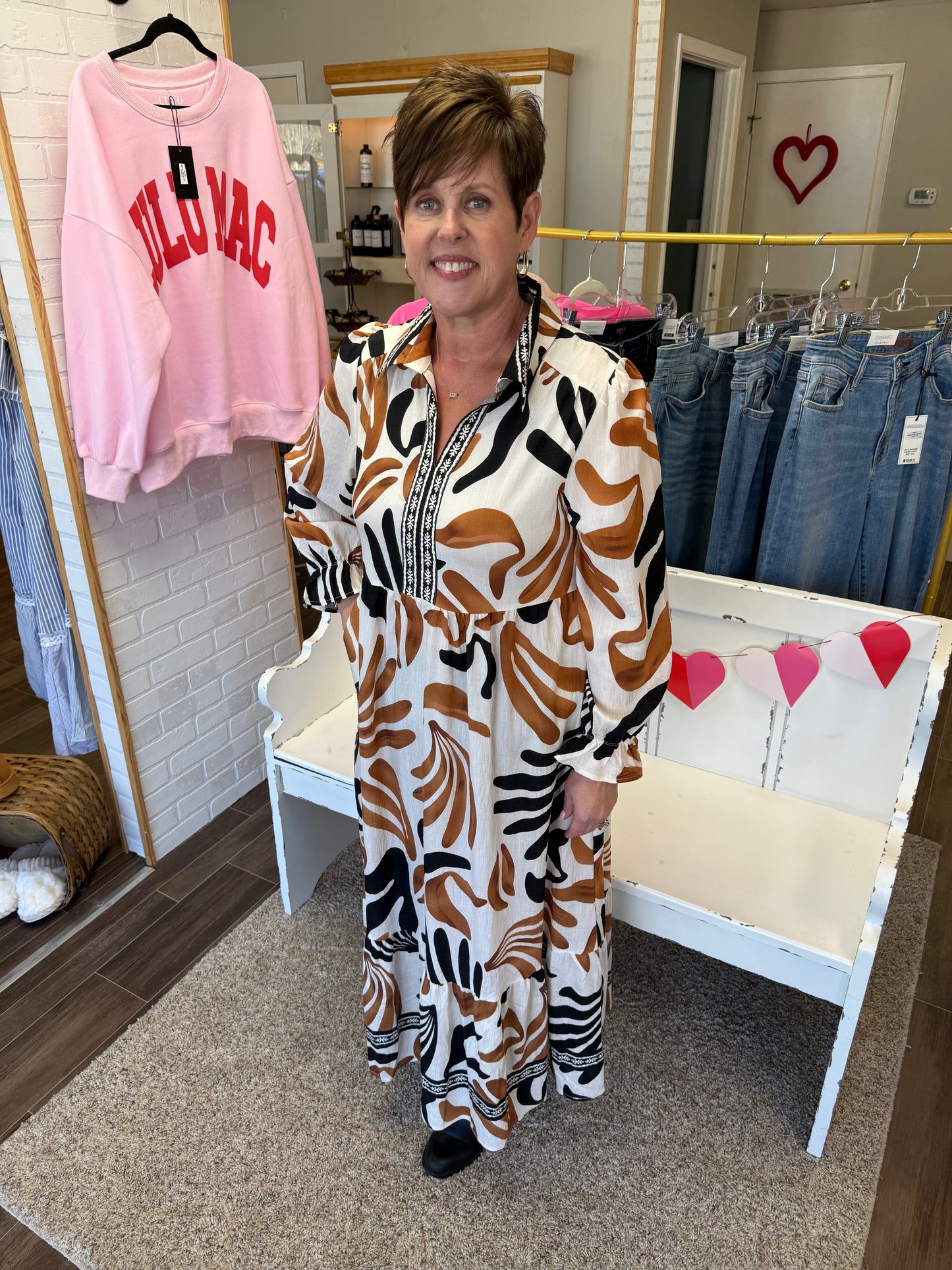 Brown Tropical Print Contrast Trim Neck Long Sleeve Ruffle Hem Dress