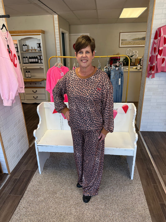 Coffee Allover Leopard Print Contrast Trim Long Sleeve Top and Pants Set