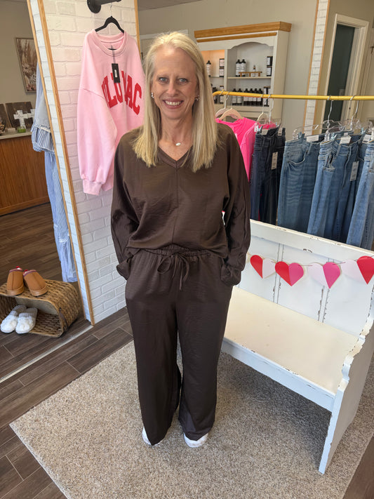 Dark Brown Braided V Neck Long Sleeve Loose Top and Drawstring High Waist Pants 2pcs Outfit