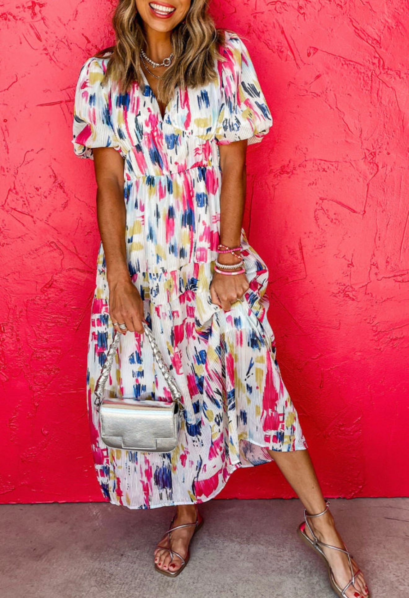 Rose Abstract Print Short Puff Sleeve Tiered Maxi Dress