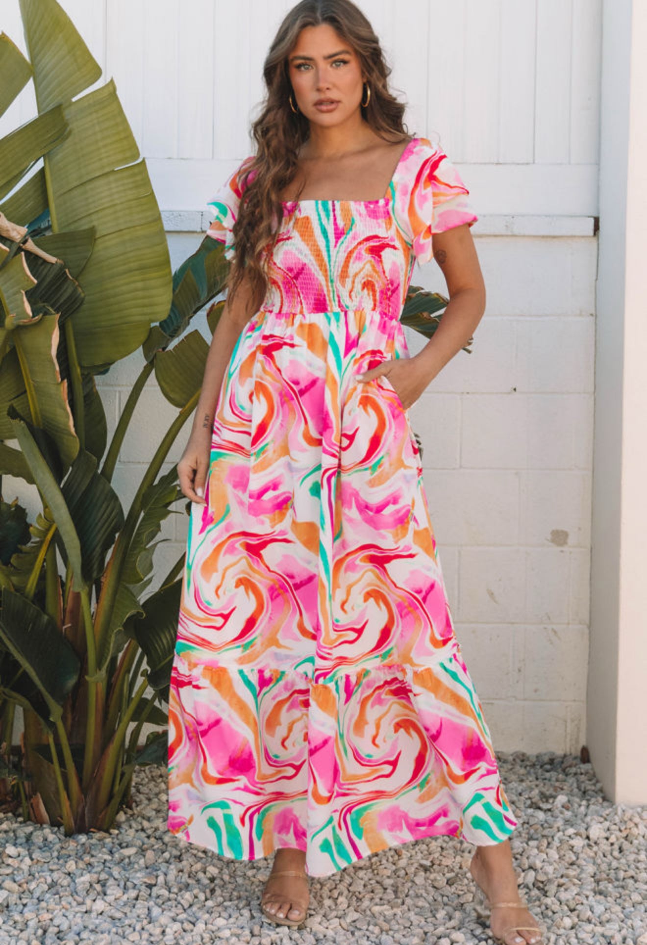 Pink Abstract Ruffled Sleeve Smocked Bust Maxi Dress