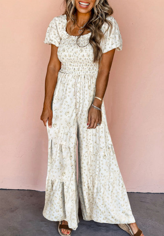 White Boho Floral Smocked Wide Leg Short Puff Sleeve Jumpsuit