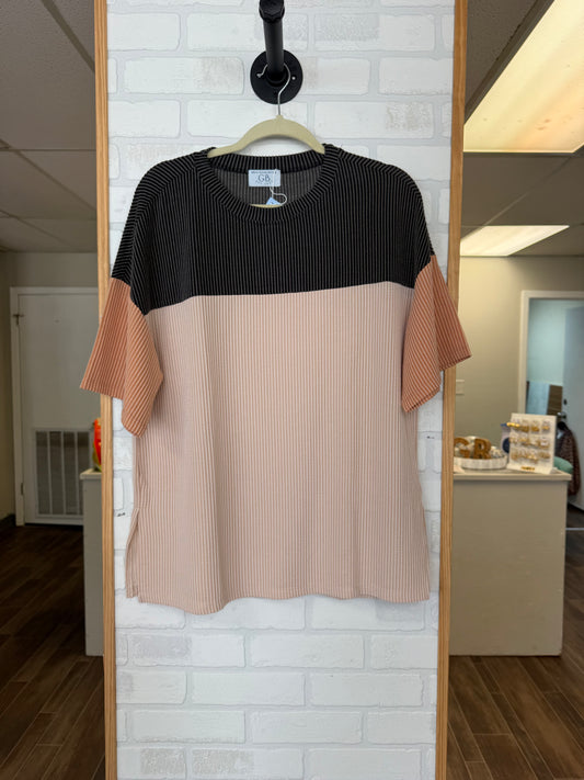 Black/Tan/Burnt Orange Color Block Top