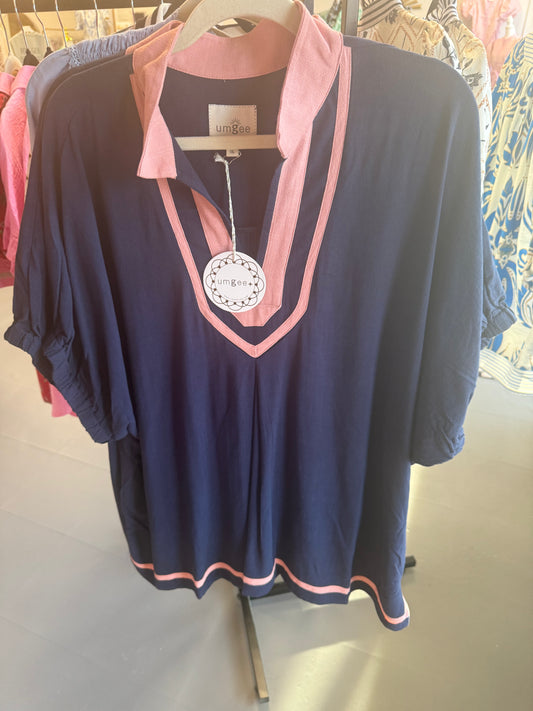 Umgee Navy Pink Colorblock Top