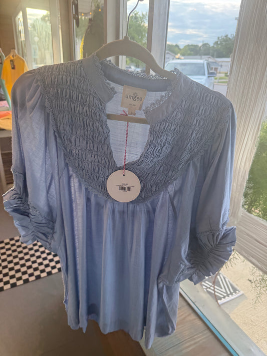 Umgee Blue Smocked Neckline Top