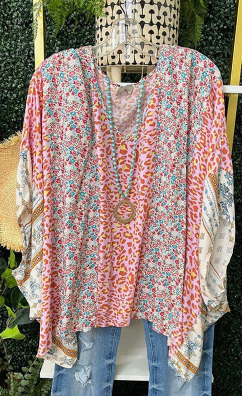 Colorblock Leopard Floral Batwing Sleeve Blouse