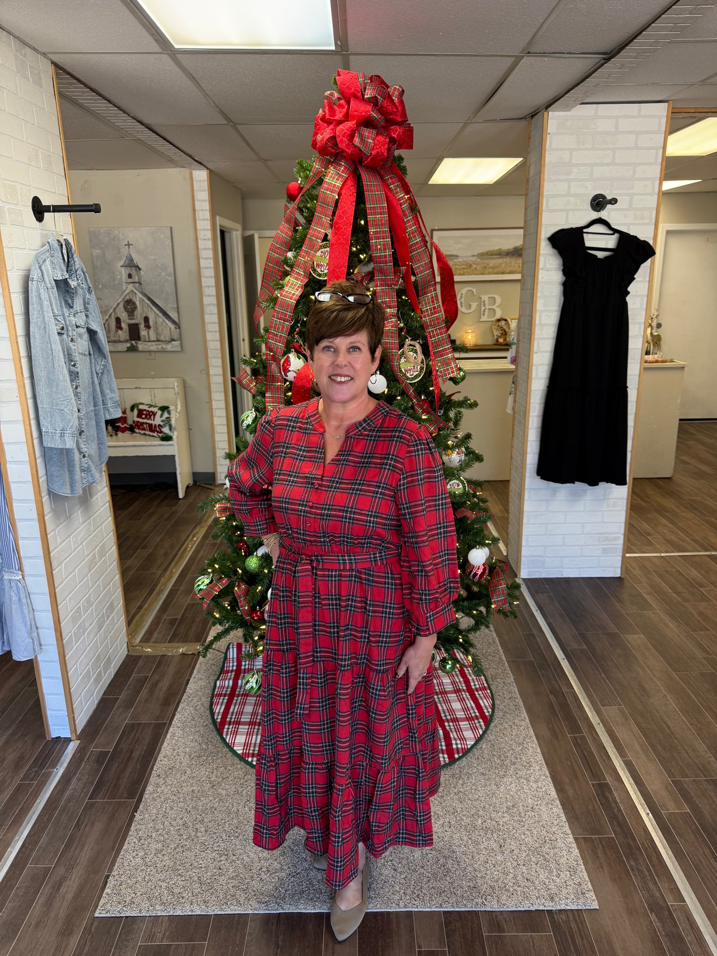 Red Christmas Plaid V Neck Tie Waist Ruff Hem Long Dress