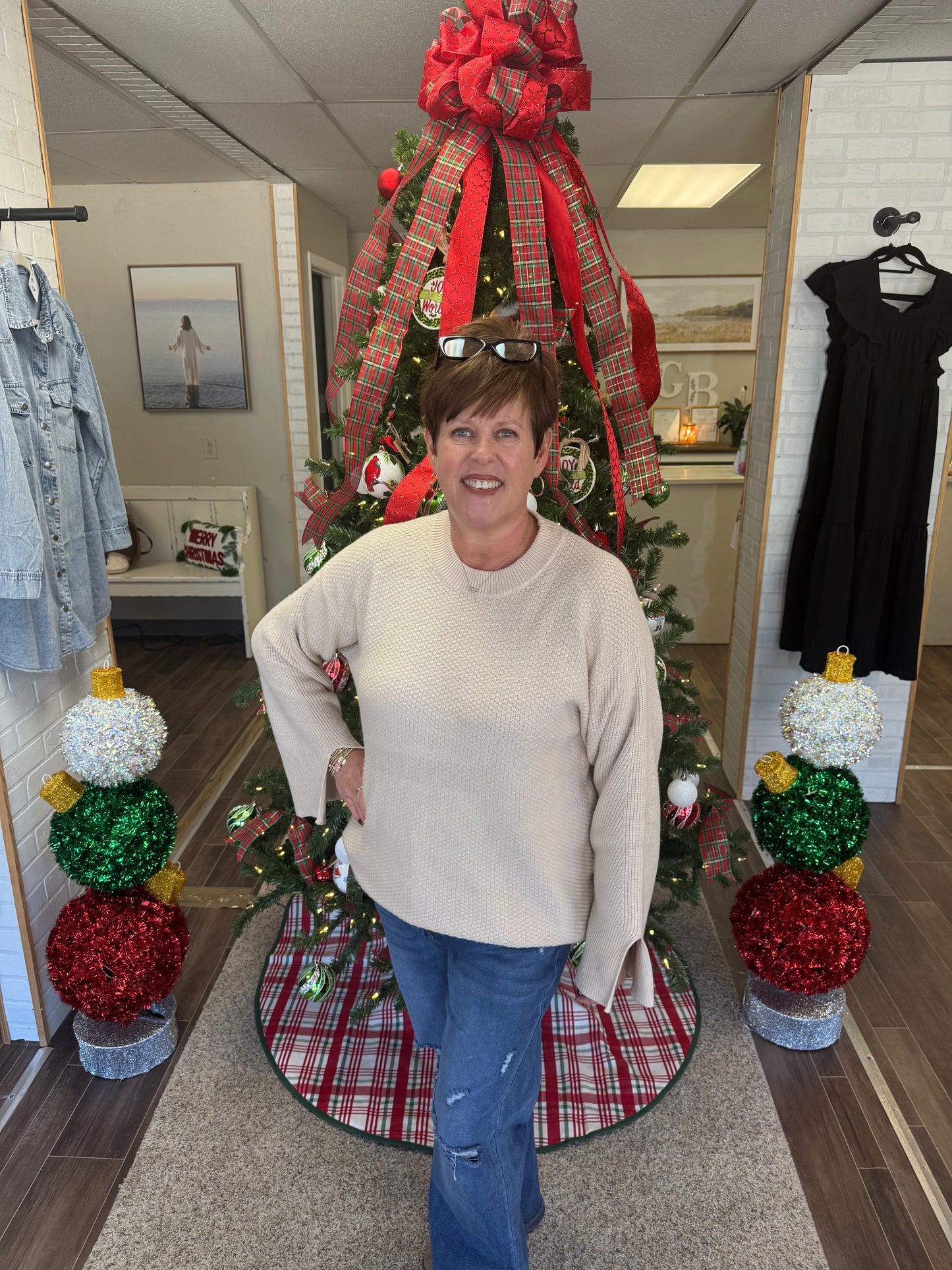 Parchment Solid Textured Knit Split Cuff Drop Shoulder Sweater