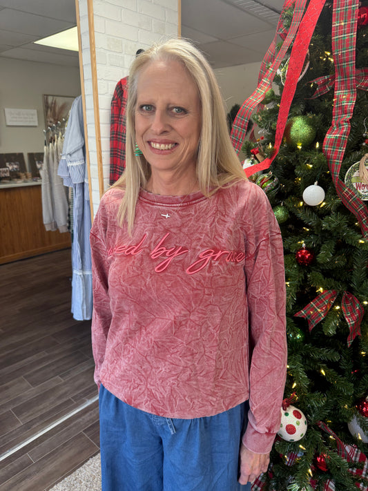 Mineral Red saved by grace Letter Embroidery Mineral Wash Loose Sweatshirt