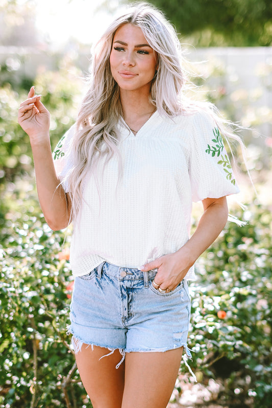 White Floral Embroidered Puff Sleeve Notch Neck Blouse