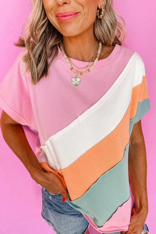 Pink Color Block Patchwork Seamed Crewneck Top